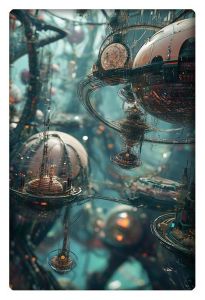 Intricate futuristic cityscape with floating spherical structures connected by complex pathways and technological frameworks.