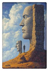 A surreal landscape featuring towering, colossal stone figures resembling human faces, with a lone figure standing in the foreground, gazing at the monumental sculptures.