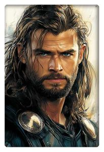 Close-up portrait of Thor with intense blue eyes, long hair, and armor, embodying strength and heroism.