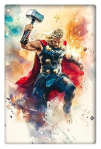 Thor wielding Mjolnir mid-air, surrounded by a dynamic burst of energy and color.