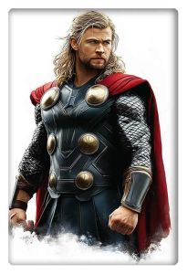 Thor standing strong in full armor, cape flowing behind him.