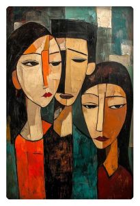 Abstract painting of three figures with elongated faces, featuring rich, bold colors in a Picasso-like style.