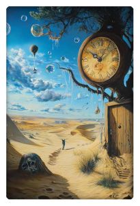 A surreal desert landscape with a large clock embedded into a tree, its melting branches dripping. A wooden door stands in the trunk of the tree. In the background, a lone figure walks towards the horizon while hot air balloons and floating bubbles drift through the sky.