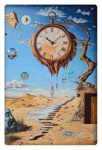 A surreal desert landscape with a massive floating clock melting in mid-air, surrounded by floating reflective spheres and an abstract, elongated figure walking on a fragmented path. A twisted, barren tree grows out of a cracked earth, with a mysterious wooden door embedded in its trunk.