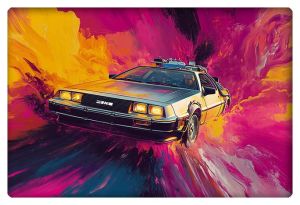 A dynamic portrayal of the iconic Delorean from Back to the Future, speeding through vibrant bursts of neon colors.