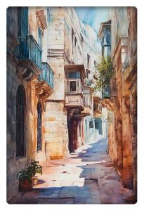 A sunlit narrow alleyway in an old city, captured in a pastel watercolor style, with stone buildings and balconies casting soft shadows on the cobblestone path.