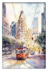 A vibrant watercolor illustration of Buenos Aires, featuring a classic red tram passing through the city’s historic streets.