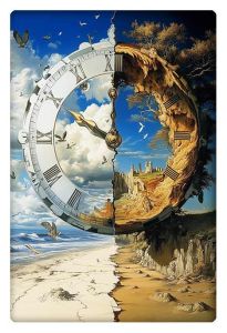 A surreal image of a large clock divided into two halves, depicting contrasting landscapes of day and night.