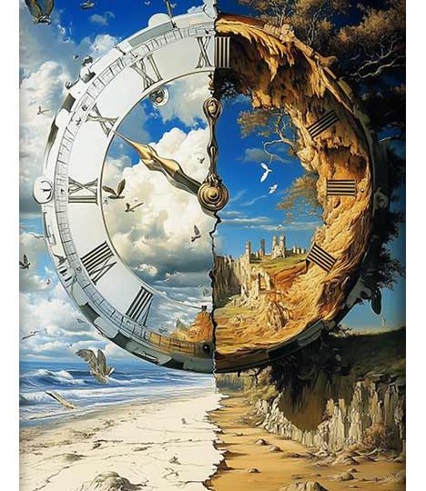 A surreal image of a large clock divided into two halves, depicting contrasting landscapes of day and night.