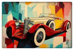 A vibrant, cubist-inspired painting of a classic car, blending bold geometric shapes with the elegance of a vintage automobile.