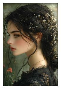 Profile portrait of a young woman with soft features, adorned with delicate flowers in her hair.