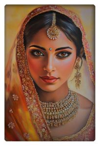 A radiant painting of a traditional Indian bride adorned in gold jewelry and a vibrant, embroidered veil.