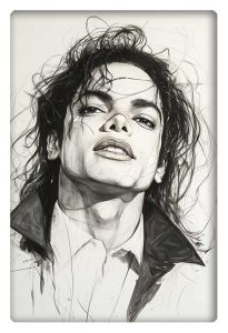 Black-and-white portrait of Michael Jackson in a sketch-like artistic style, capturing his iconic look.