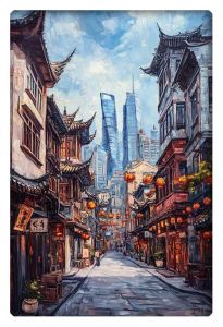 A vibrant oil painting of an ancient street in Shanghai with traditional architecture, leading toward the modern skyline with towering skyscrapers in the distance.