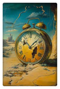 Surreal painting of a decaying clock in a desert landscape with vivid colors and symbolic elements.