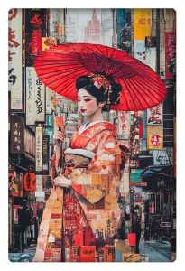 A stunning collage of Japanese culture featuring a geisha in traditional kimono with a red umbrella amidst vibrant Tokyo streets.