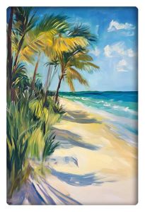 A serene beach scene with palm trees swaying over golden sands, crystal blue water, and a clear sky.