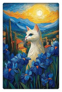 White cat sitting among vibrant blue irises in a picturesque landscape with mountains and a glowing sunset in the background.