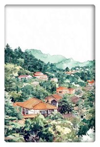 A serene watercolor painting of a lush hillside village, featuring traditional houses with orange rooftops nestled among vibrant greenery and distant mountains.