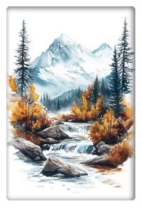 Watercolor painting of a serene rocky river flowing through autumn foliage with snowy mountains in the background.