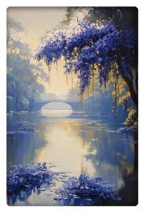 Impressionistic painting of a serene river scene with hanging purple flowers and a distant bridge.