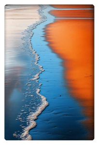 AI-generated artwork of a serene shoreline reflecting the orange sky on a calm blue sea during sunset.