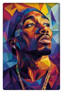 Geometric-style portrait of Tupac Shakur, composed of vibrant, triangular shapes in bold colors.