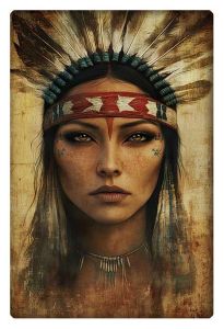 Native American woman in traditional headdress with stoic expression and symbolic background.