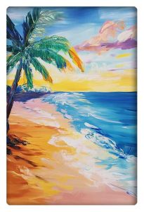 A vibrant painting of a beach with a palm tree, golden sand, and a colorful sunset over the ocean.