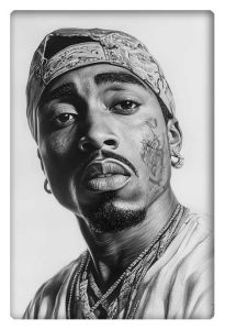 Detailed monochromatic portrait of Tupac Shakur wearing a bandana.