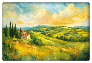 Impressionistic oil painting of a Tuscan countryside, featuring rolling hills, cypress trees, and sun-kissed cottages.