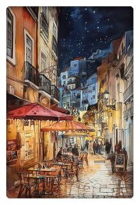 A vibrant watercolor painting of a lively street scene at night, featuring outdoor café tables, warm lights, and a starry sky above the charming buildings.