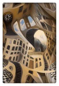 Surreal, twisted architectural illusion with swirling staircases and distorted buildings.