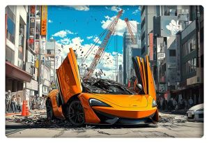 An orange McLaren with its doors raised, surrounded by city construction debris, showcasing an intense urban scene of a supercar caught in destruction.