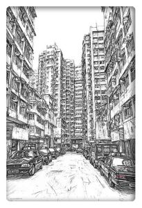 A detailed black-and-white sketch of towering residential buildings in a dense urban setting, with parked cars lining the narrow street below.