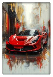 Abstract artwork of a red Ferrari, blending speed and luxury with urban and vibrant brushstrokes in a modern setting.