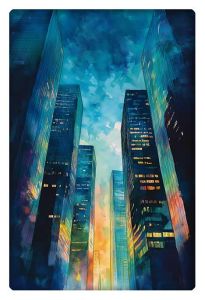 A dynamic watercolor painting of towering skyscrapers in a city at dusk, with warm sunset hues reflecting off the glass windows under a deep blue sky.