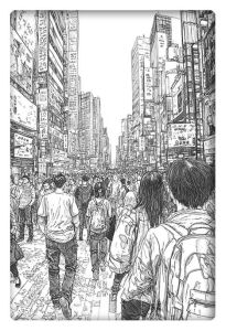 A detailed black-and-white sketch of a bustling city street filled with crowds of people walking among tall buildings and billboards in an urban metropolis.