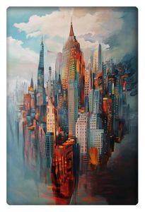 A surreal painting of a modern cityscape with skyscrapers blending into a misty, dreamlike atmosphere, featuring vibrant red, orange, and blue hues.