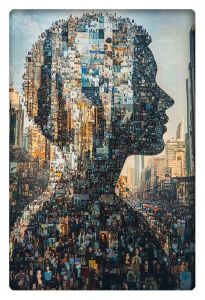 A captivating AI-generated mosaic artwork featuring the silhouette of a human profile composed of hundreds of smaller images, set against the backdrop of a bustling cityscape.