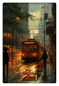 A city tram glows amidst a rainy evening, with reflections glistening on the wet streets as pedestrians carrying umbrellas pass by.