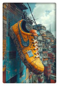 Urban-style sneaker suspended in midair, surrounded by a vibrant cityscape of stacked buildings in the background.