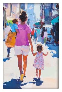 A vibrant painting of a young mother walking hand in hand with her children through a lively urban street.