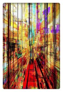 An experimental AI-generated abstract artwork featuring vibrant intersecting lines and a mix of vivid colors, resembling a chaotic yet captivating cityscape with dynamic energy and motion.