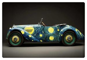 A classic roadster with a vibrant paint design inspired by Vincent van Gogh’s "Starry Night," featuring swirling blues and yellow accents.