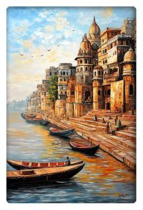 A beautiful painting of Varanasi's ghats, featuring boats on the river and historic buildings bathed in golden sunlight.