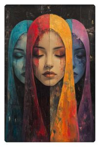 A captivating artwork featuring three women’s faces, each in different colored veils: red, yellow, blue, and purple.