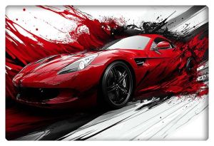 A sleek red sports car streaks across an abstract background of black, red, and white swirls, symbolizing speed and power.