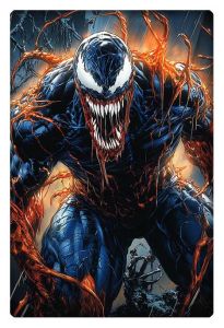 Venom in full Carnage transformation, oozing with tendrils of energy and rage, poised for attack.