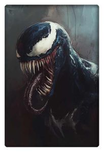 Venom in a dark, menacing style, featuring sharp teeth and an elongated tongue in an intense artistic rendition.